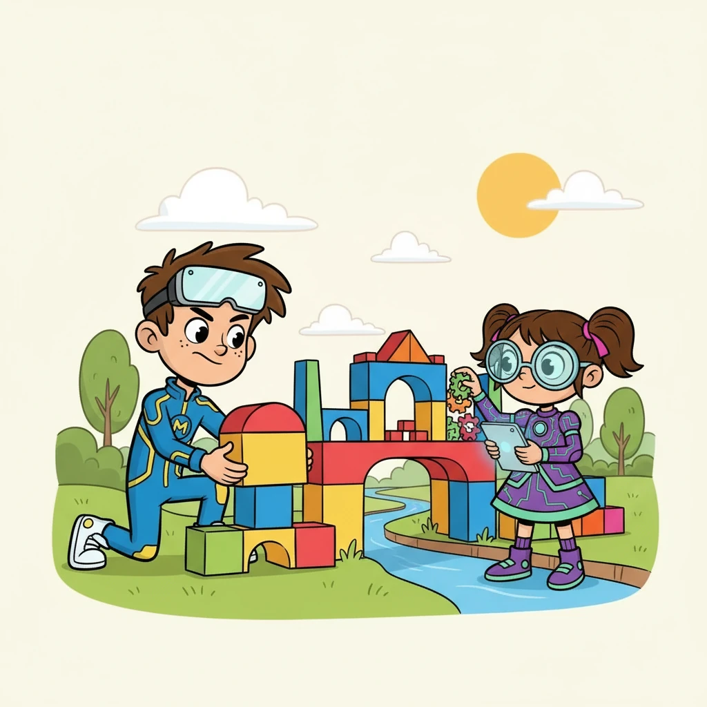 Com blocos coloridos, começaram a construir a ponte. Miguel, com sua habilidade, construiu as bases, enquanto Manu cuidava dos detalhes.