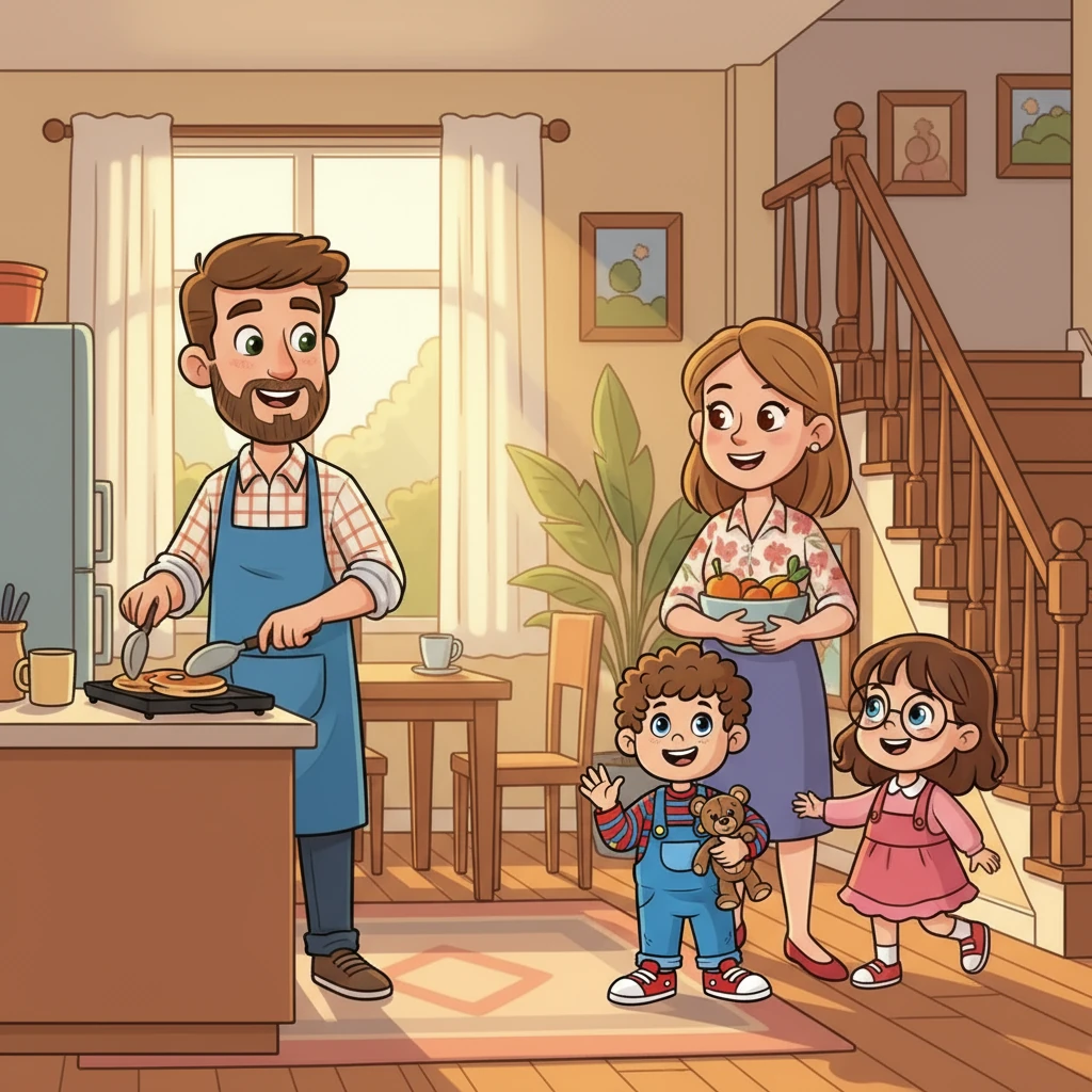 O sol da manhã brilhava sobre a casa da família. O pai, com seus olhos verdes e barba curta, preparava o café da manhã. A mãe, com seu cabelo castanho claro, sorria enquanto ajudava. António, com seus olhos azuis, e Teresa, com seus óculos redondos, desciam as escadas animados.