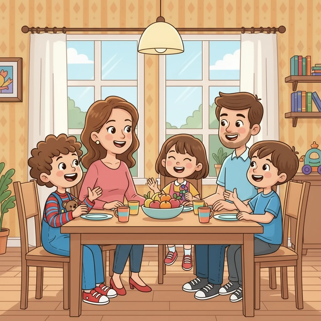 Na mesa, a família reunida compartilhava risadas e histórias. António falava sobre a escola, e Teresa, sobre as suas brincadeiras. Carlos, com seus olhos azuis brilhantes, observava tudo, rindo com os outros. O pai e a mãe trocavam olhares de cumplicidade, felizes.