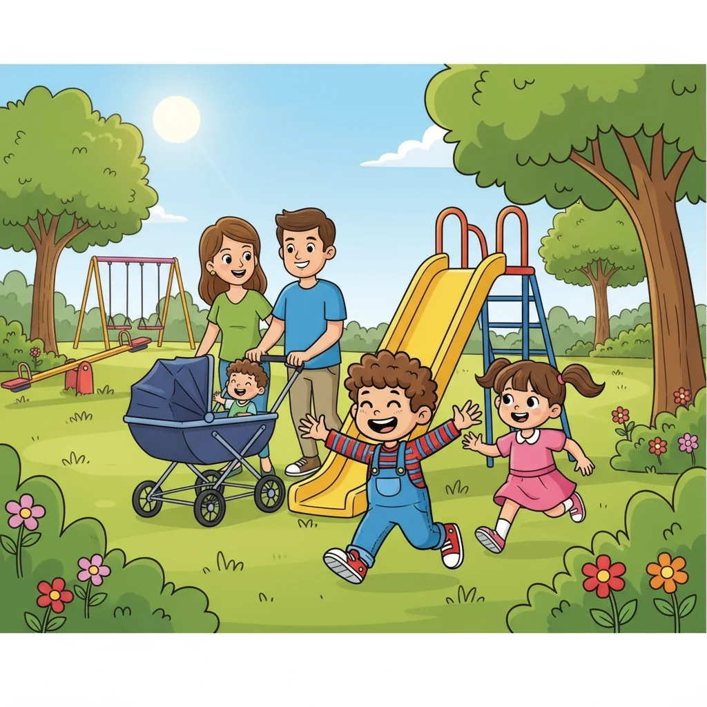 Depois do café, a família decidiu ir ao parque. António e Teresa correram para brincar no escorrega, enquanto o pai e a mãe empurravam o carrinho de Carlos. O dia estava ensolarado, e as crianças se divertiam muito.