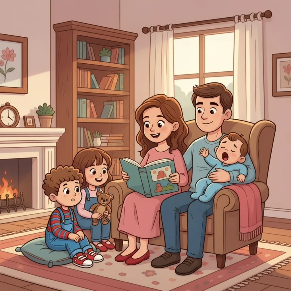 À tarde, em casa, a família juntou-se para ler um livro. António e Teresa sentaram-se perto da mãe, fascinados pela história. O pai segurava Carlos, que bocejava de sono. A atmosfera era calma e acolhedora.