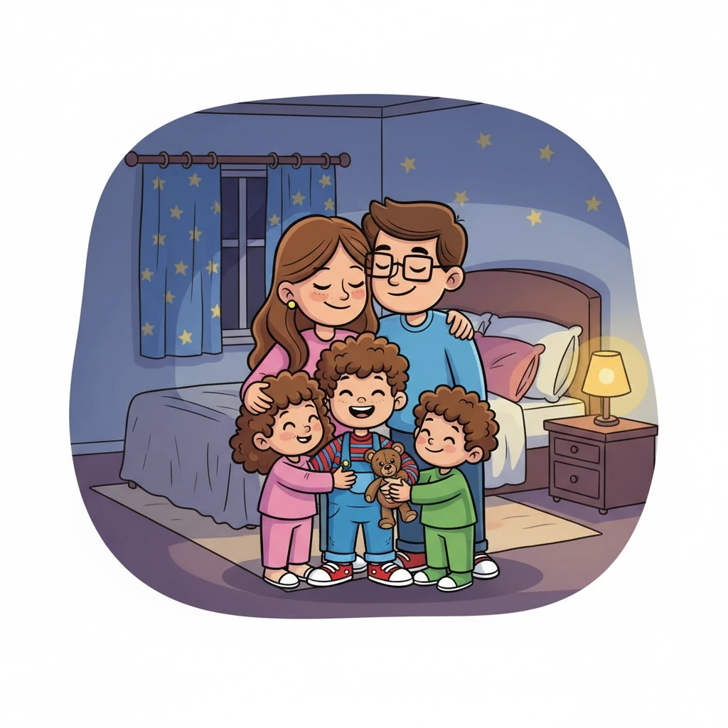 À noite, antes de dormir, a família fez uma sessão de abraços. António, Teresa e Carlos abraçaram os pais com força, sentindo-se amados e protegidos. O pai e a mãe desejavam boa noite aos filhos, com um beijo na testa.