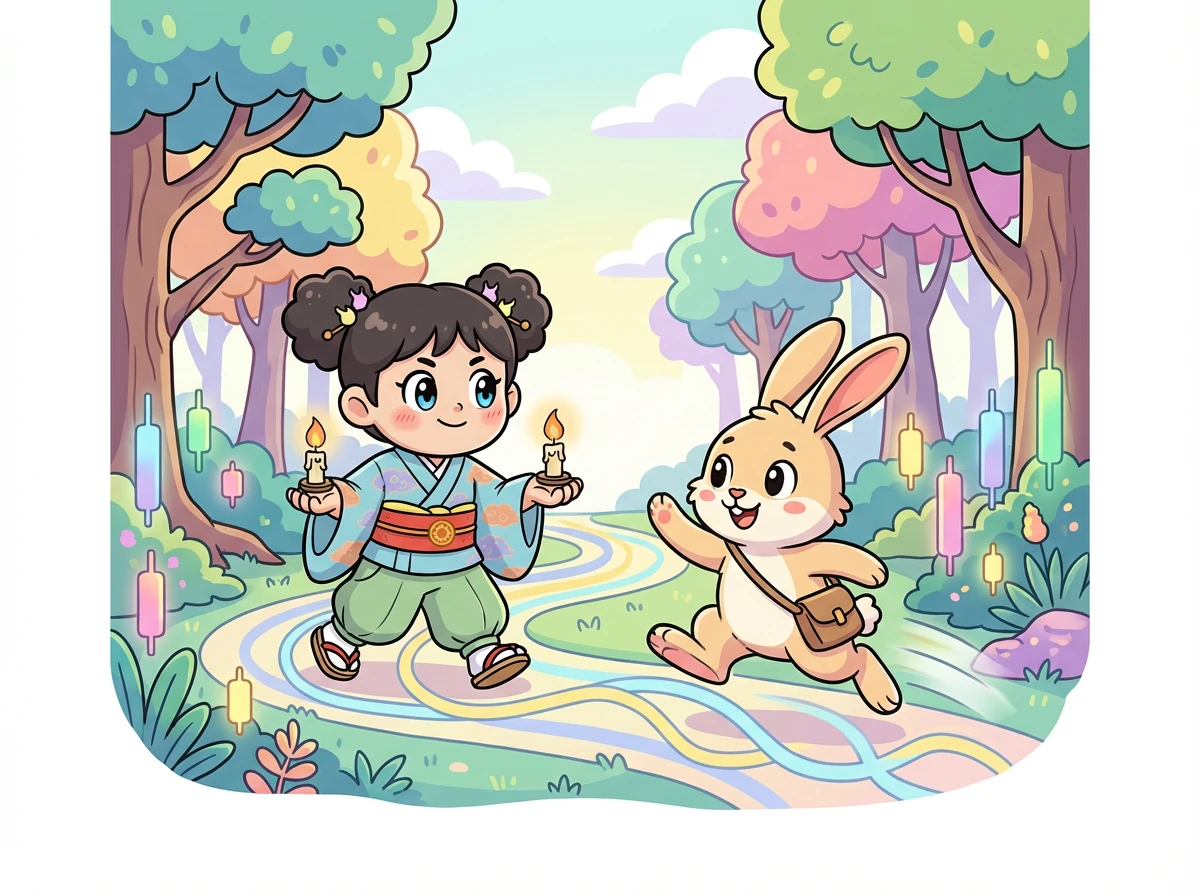 キャンドルは、冒険の旅に出る決意をします。彼はまず、移動平均線の森に住む、足の速いウサギのムービングと出会います。