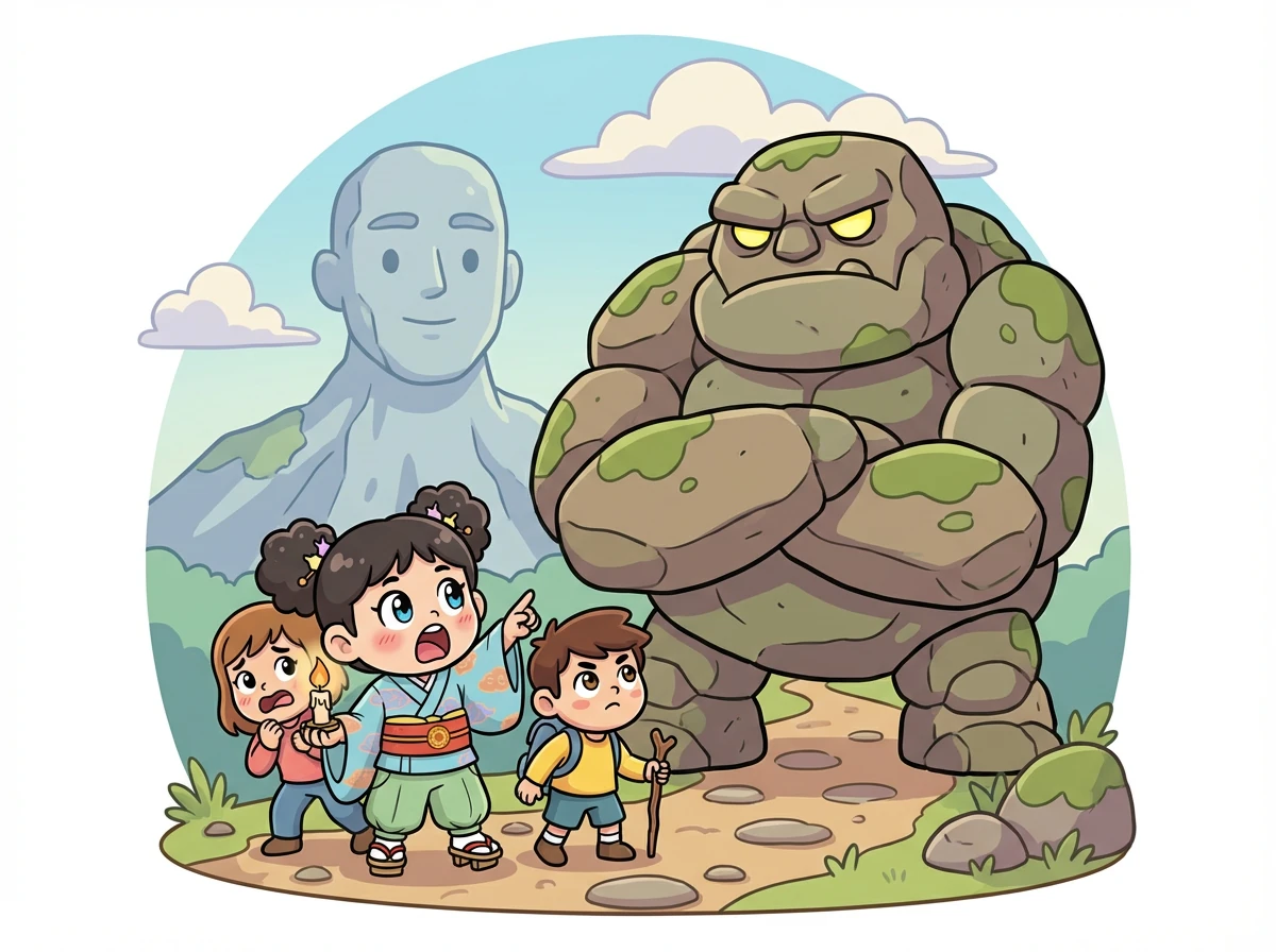 三人は、ヘッドアンドショルダーズ山に到着します。そこには、巨大な岩のゴーレムが立ちふさがります。