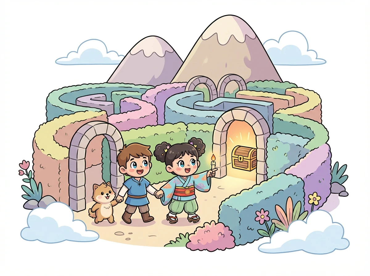 山を越えると、ダブルトップの迷宮が広がっています。三人は協力して迷路を抜け、奥にある秘密の部屋にたどり着きます。