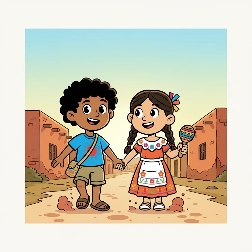Carlos y Carmen, tomados de la mano, comenzaron su aventura en las calles polvorientas de Cuevo. El sol brillaba sobre las casas bajas de adobe y el aire olía a tierra mojada. Estaban emocionados por descubrir los secretos de su pueblo.