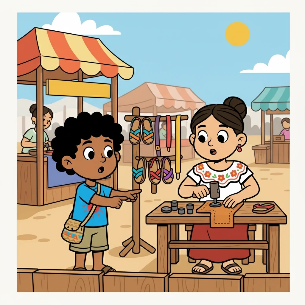Luego, se dirigieron a visitar a los artesanos. Vieron cómo trabajaban el cuero con maestría, creando hermosas sandalias y cinturones. Carlos y Carmen quedaron impresionados por la dedicación y el arte de los artesanos.