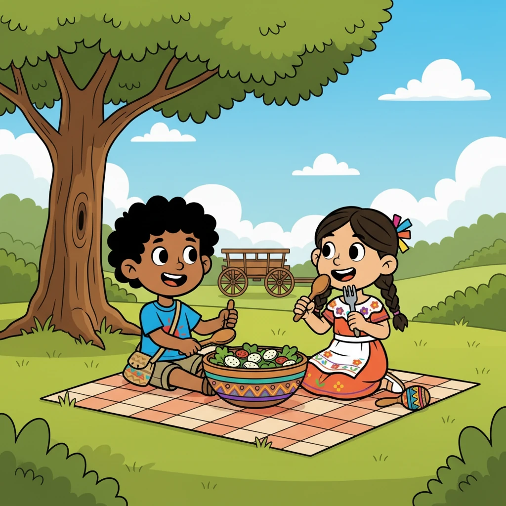Mientras viajaban, la carreta se detuvo para un picnic. Sacaron una deliciosa ensalada de cumanda que compartieron alegremente. El sabor era fresco y la compañía, inmejorable.