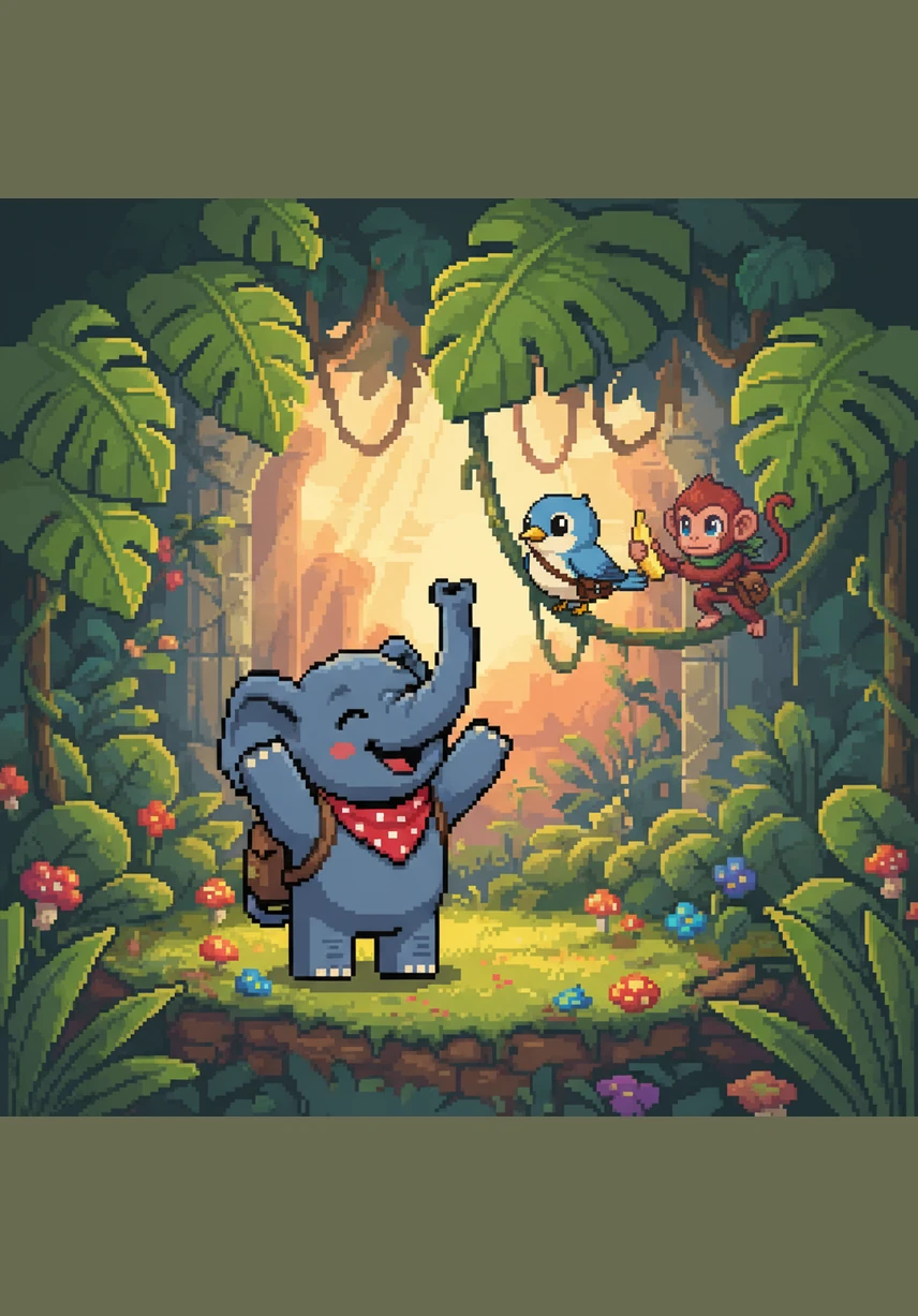 Boni the little elephant wakes up in a lush, colorful jungle as the morning sun peeks through the giant green leaves. He stretches his trunk and smiles, ready for a brand new day of adventure and discovery in his beautiful home.