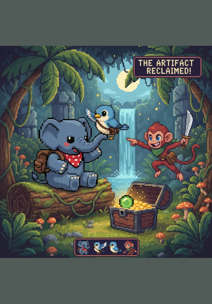 With great care, Boni uses his long trunk to gently lift the delicate nest filled with soft feathers. He places it safely back onto a sturdy branch, and Pipit sings a happy song of gratitude that fills the air.