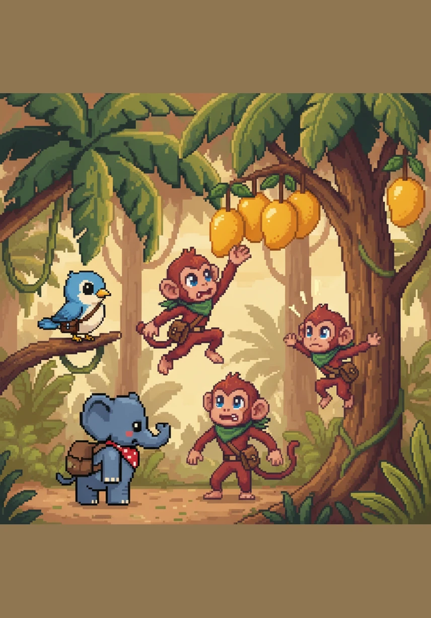 As he wanders further, Boni meets Kiki the monkey, who is looking up hungrily at some ripe, golden mangoes. The fruit is much too high for Kiki to reach, no matter how high he jumps or climbs.