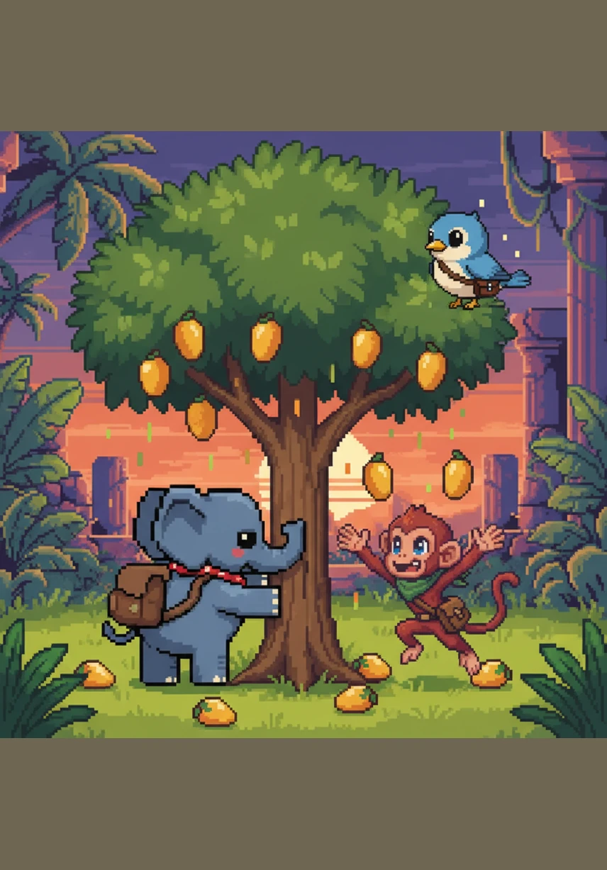 Boni walks over to the tree and gives it a gentle nudge with his strong, steady shoulder. A shower of sweet mangoes falls to the grassy ground, making Kiki hop with pure joy and excitement.