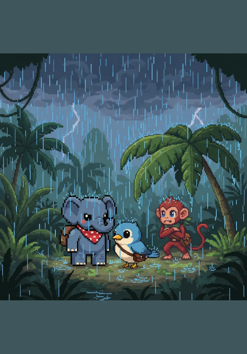 Suddenly, dark clouds gather and a heavy tropical rain begins to pour down on the jungle floor. The smaller animals shiver and look for a place to stay dry and warm away from the cold storm.