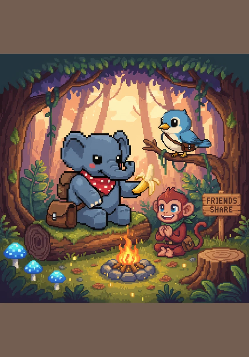 Inside the warm cave, the animals gather around Boni, sharing stories and laughter while the rain drums on the leaves outside. Boni feels a warm glow in his heart, knowing his friends are safe and together.