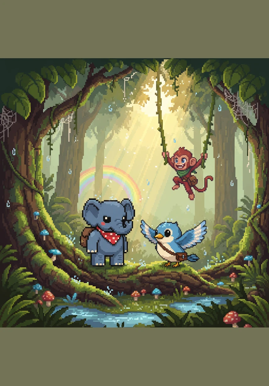 When the rain finally stops, a magnificent rainbow stretches across the sky, painting the jungle in vibrant colors. The air smells fresh and clean, and the flowers open their petals once more to the golden light.