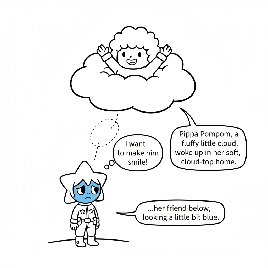 Pippa Pompom, a fluffy little cloud, woke up in her soft, cloud-top home. She looked out and saw her friend below, looking a little bit blue. Pippa fe