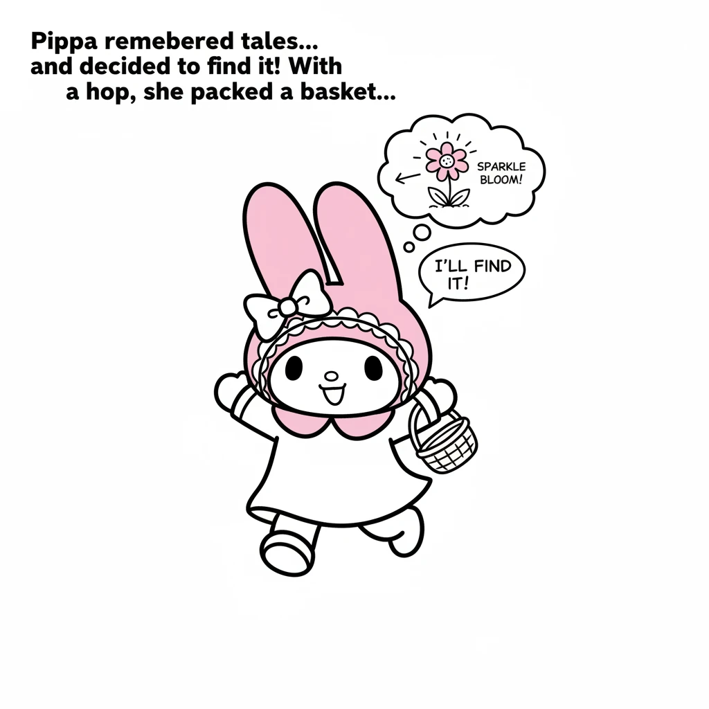 Pippa remembered tales of the Sparkle Bloom, a magical flower said to bring pure happiness. She decided right then to find it! With a little hop, she