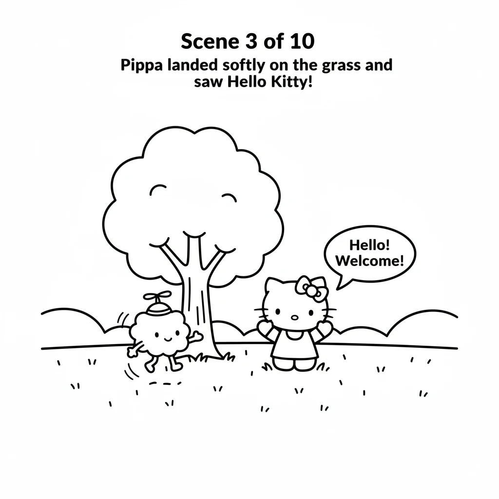 Floating down from her cloud, Pippa landed softly on a grassy field. She saw Hello Kitty waving cheerily from beside a big, round tree. Hello Kitty ha