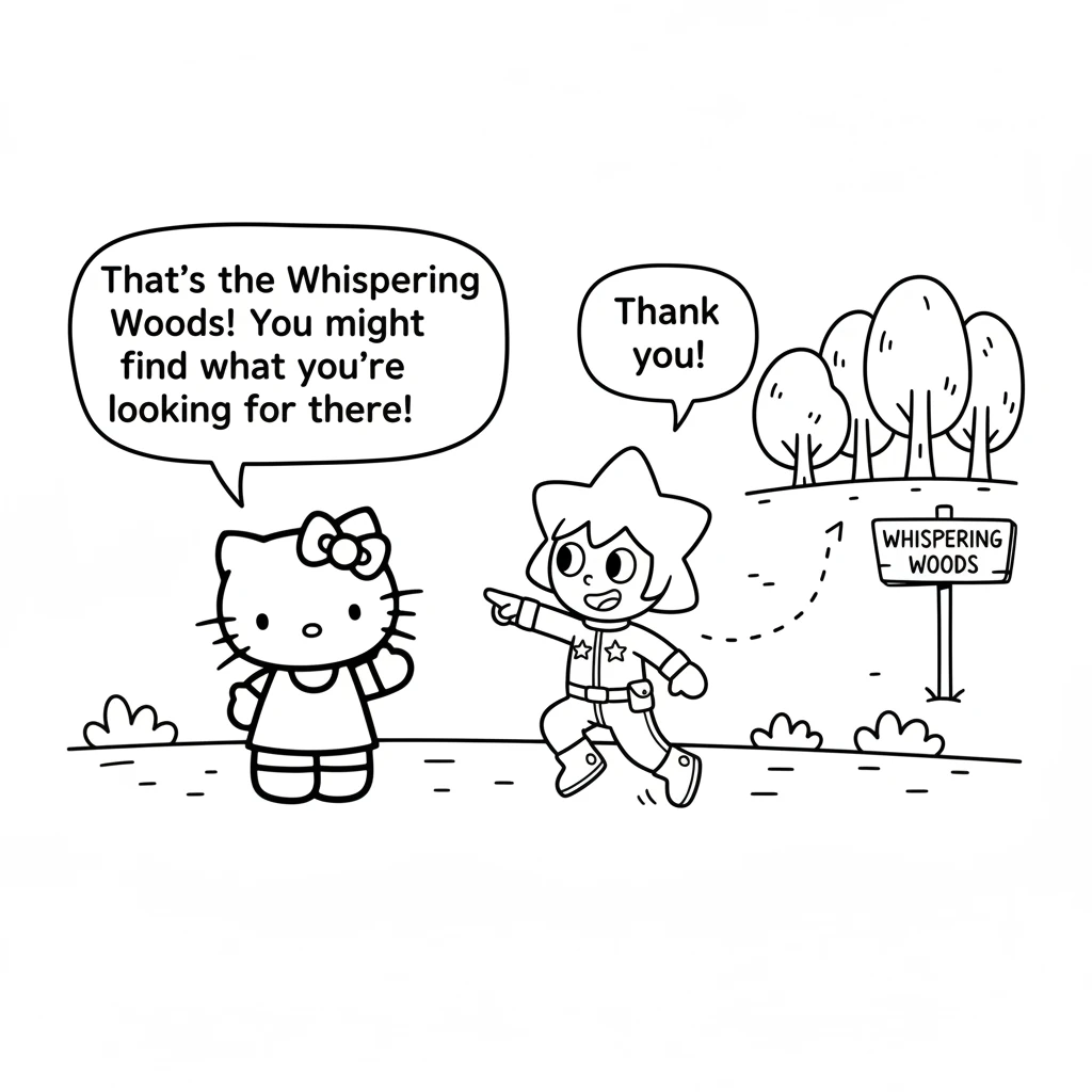 Hello Kitty pointed a paw towards a distant grove of trees. 'That's the Whispering Woods,' she chirped. 'You might find what you're looking for there!