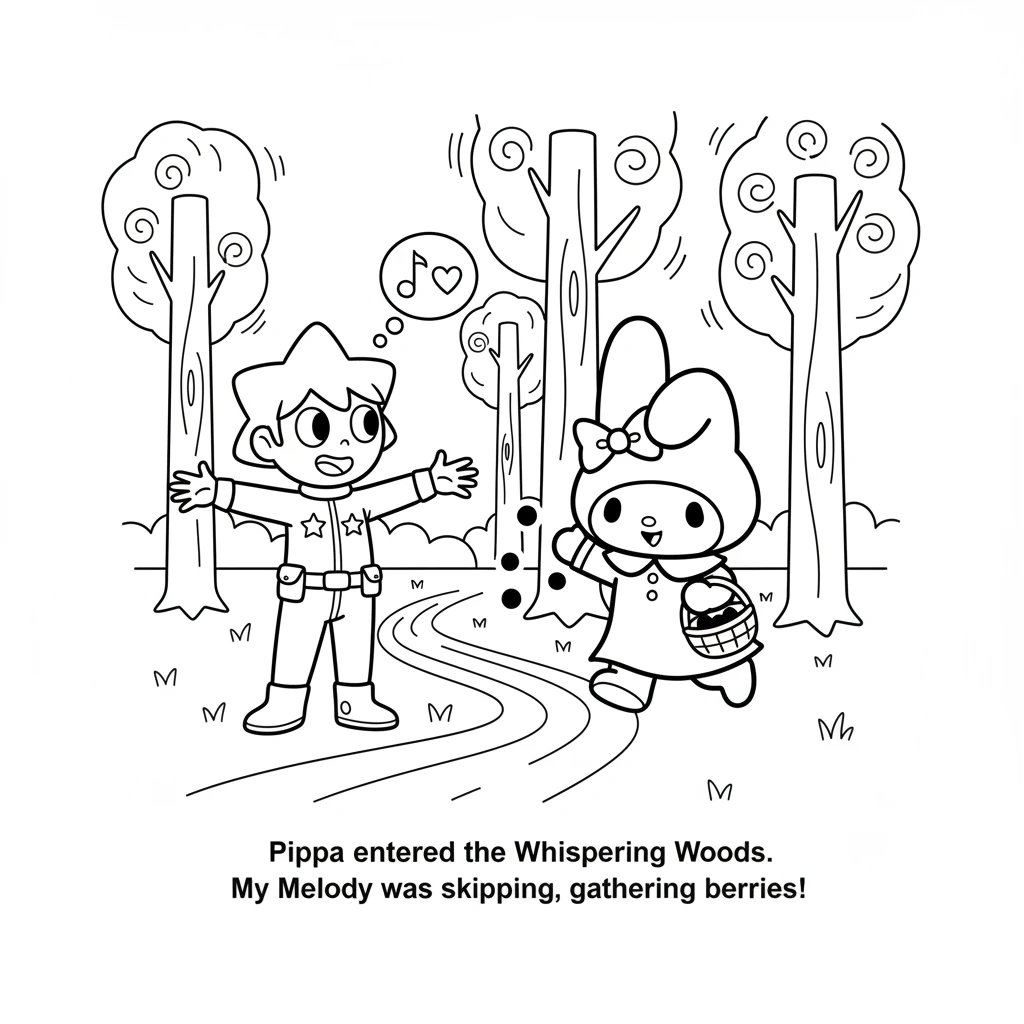 Pippa entered the Whispering Woods, where the trees seemed to hum soft tunes. Soon, she spotted My Melody skipping along a winding path. My Melody was