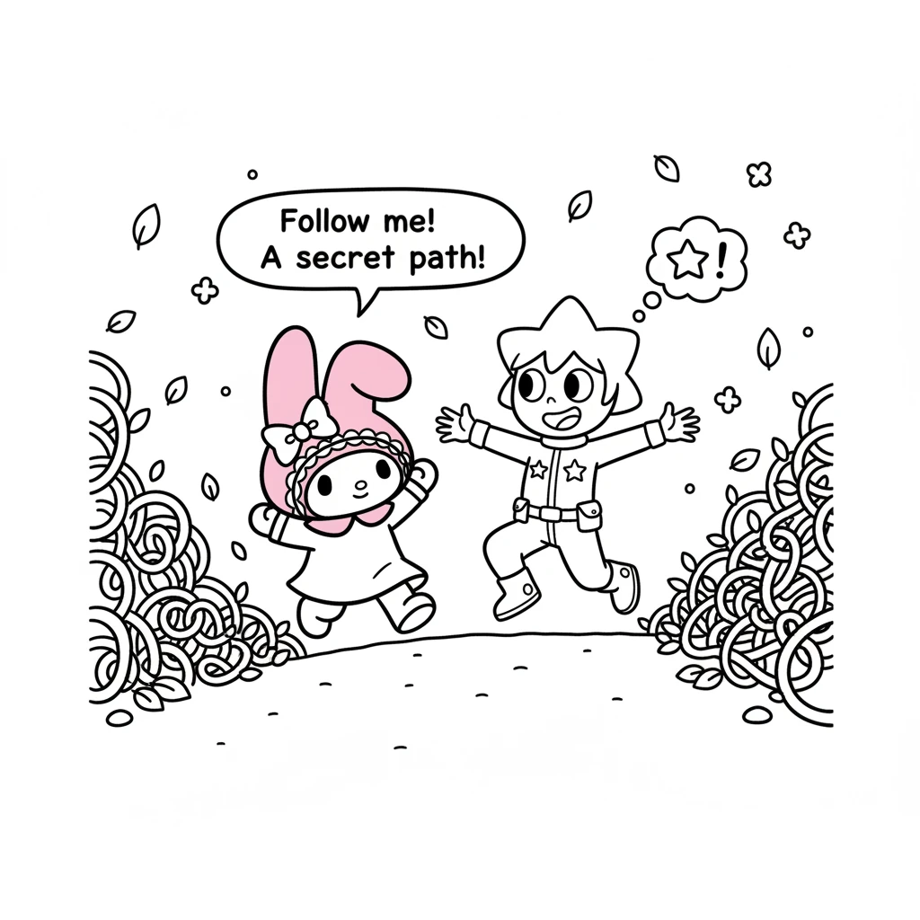 My Melody saw Pippa looking a bit puzzled by some tangled vines. With a giggle, My Melody showed her a secret clear path. Together, they skipped past