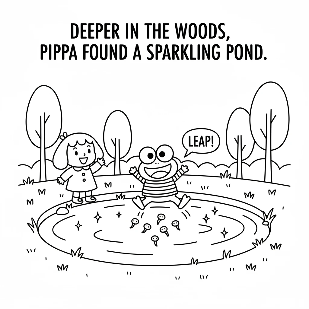 Deeper in the woods, Pippa found a sparkling pond. Keroppi was there, laughing as he played leapfrog with tiny tadpoles. The water shimmered with sunl