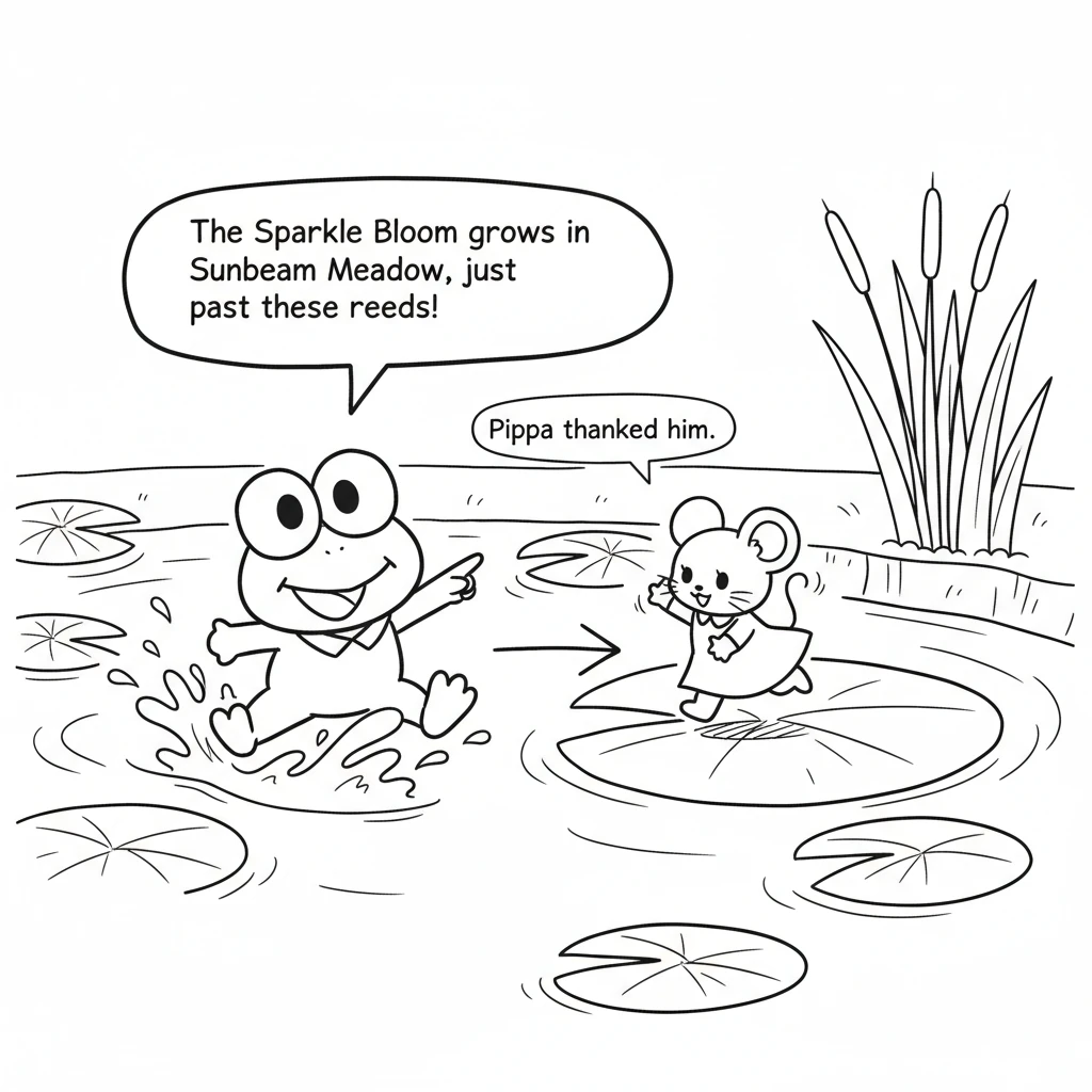 Keroppi splashed happily and pointed a webbed toe across the pond. 'The Sparkle Bloom grows in Sunbeam Meadow, just past these reeds!' he croaked. Pip