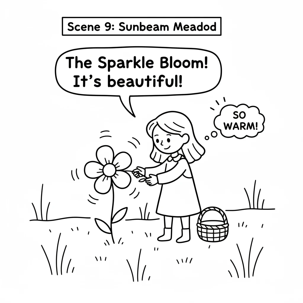 Finally, Pippa reached Sunbeam Meadow, bathed in golden light. There, glowing softly, was the beautiful Sparkle Bloom! It pulsed with gentle light, fi