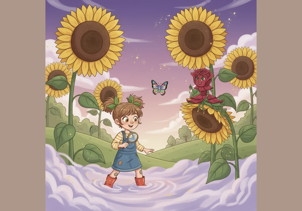 Stepping through the mist, Lily found herself in a land where the sky was painted in shades of violet and giant sunflowers reached for the clouds. Eve
