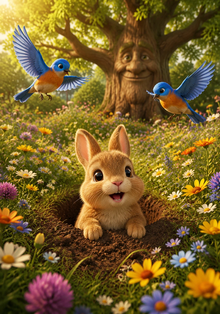 With a determined wiggle, Pip finally broke through the surface and gasped at the beauty of the meadow. The air was sweet with the scent of wildflowers, and the wind whispered a soft welcome to the newest member of the forest.