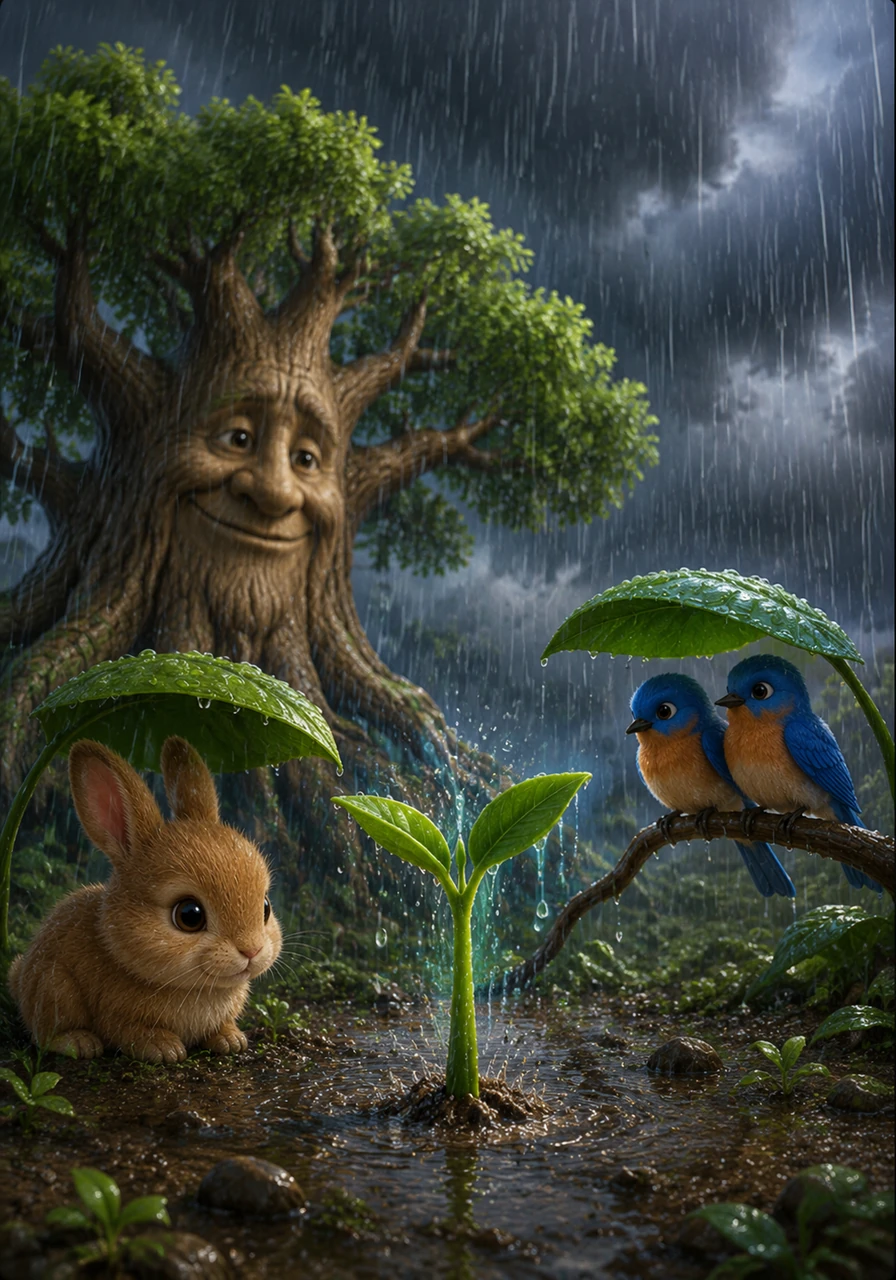 Dark clouds soon gathered, and a heavy rain began to fall, drenching the thirsty ground. Instead of being afraid, Pip opened his small leaves wide, drinking in the cool water and feeling his stem grow stronger and taller.