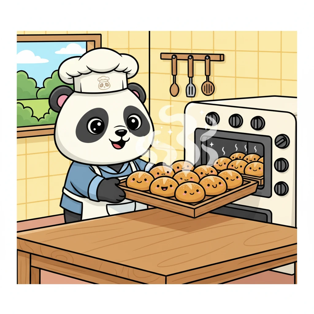 Sa isang maliwanag na kusina, masiglang inilabas ni Pandi ang sampung bagong lutong pandesal. Naglalabas ito ng mainit at matamis na amoy, at nakahanay sila sa isang malaking kahoy na tray. Bawat pandesal ay bilog at ginto, nag-aanyaya ng isang masayang araw.