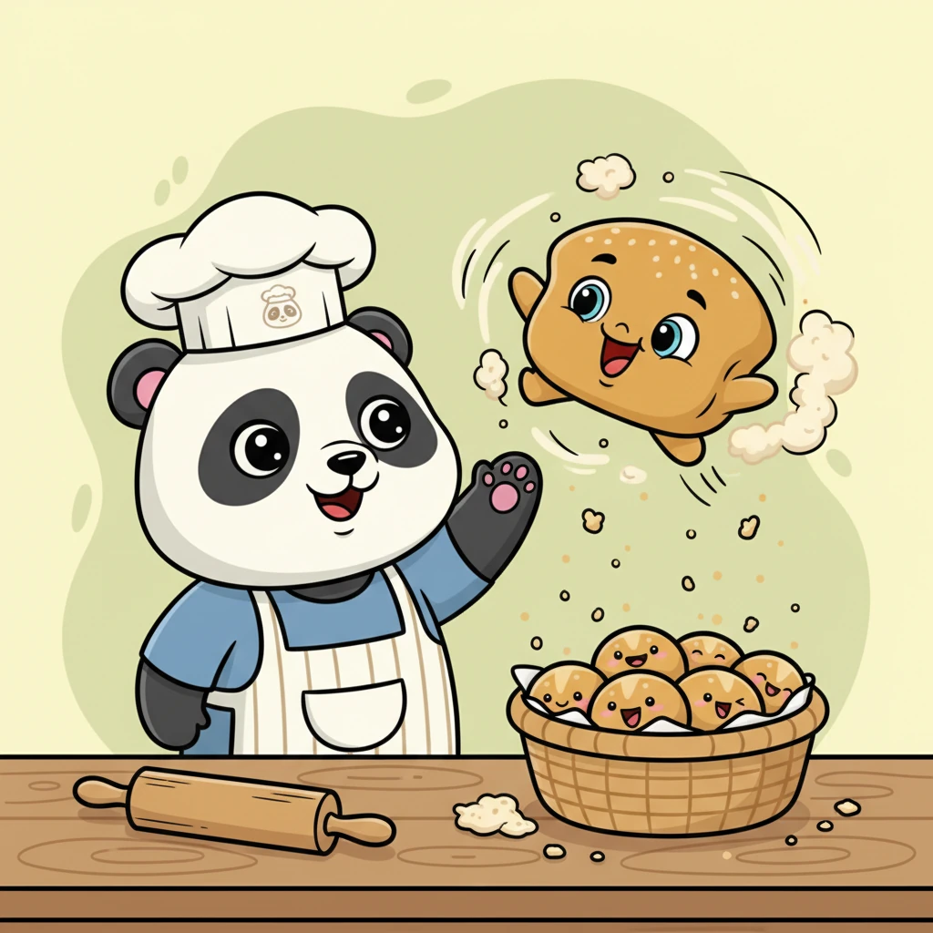 Ang unang pandesal ay masiglang tumalon sa ere! Nagkalat ang maliliit na mumo habang malambot itong lumapag pabalik sa tray. Ang pandesal na ito ay nagpapakita ng salitang kilos na 'tumalon'.