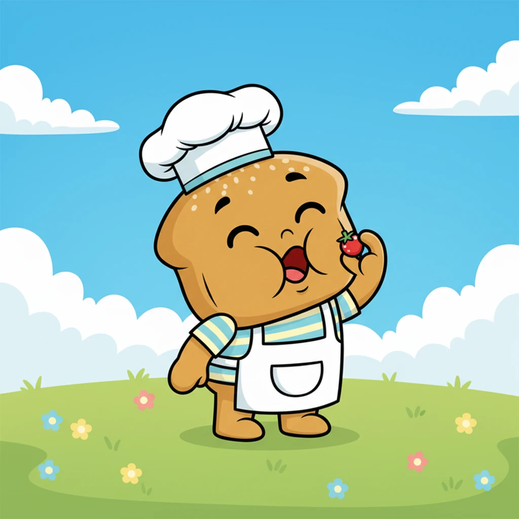 Ang pangalawang pandesal ay nagkunwaring kumakain ng isang maliit na berry. Malapad ang bibig nito, na parang nilulunok ang masarap na prutas. Isang nakakatawang ngiti ang kumalat sa malambot nitong mukha, nagpapakita ng 'kumain'.