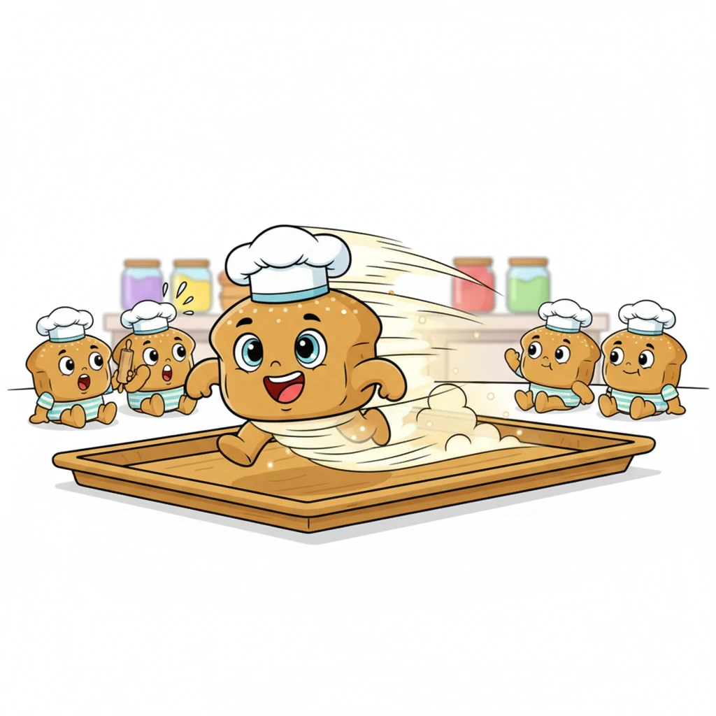 Ang ikalimang pandesal ay mabilis na tumakbo sa buong tray, nag-iiwan ng malabong bakas sa likuran nito. Ang maliliit nitong binti ay parang ipo-ipo sa bilis, nagpapakita ng 'tumakbo'.