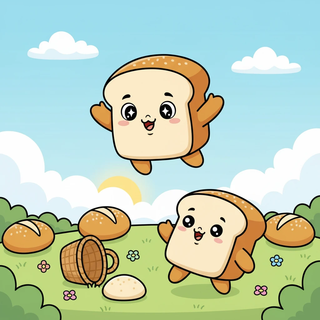 Ang ikaanim na pandesal ay mahiwagang lumipad sa itaas ng iba, ang mga braso nito ay nakabuka na parang lumilipad sa kalangitan. Tumingin ito pababa na may gulat at masayang ekspresyon, nagpapakita ng 'lumipad'.