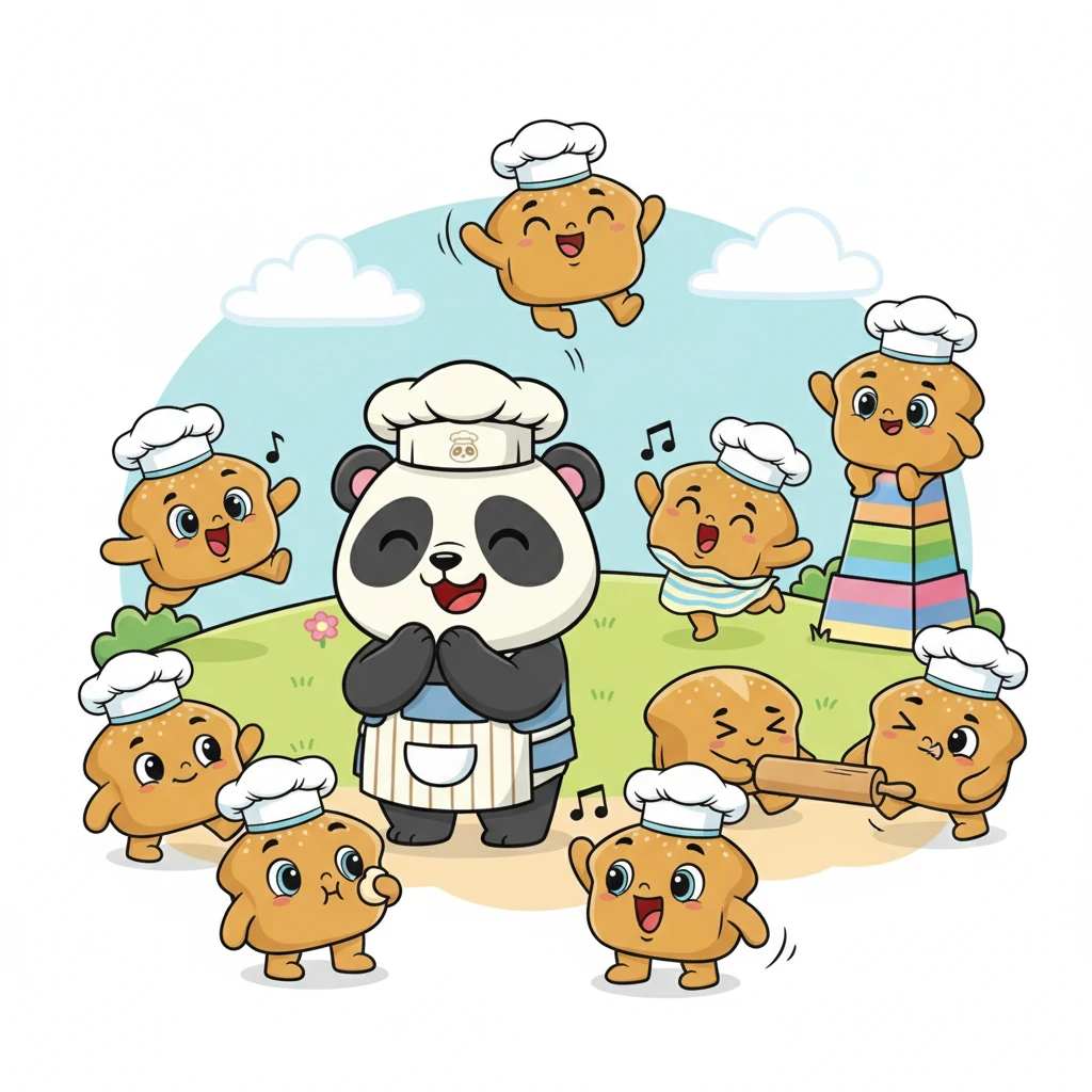 Ngayon, ang lahat ng sampung pandesal ay masiglang gumaganap ng kanilang mga kilos nang sabay-sabay! Lumulukso, kumakain, sumasayaw, umaawit, at marami pang iba, lumilikha ng isang buhay na buhay at masayang tanawin. Masayang pumalakpak si Pandi, tuwang-tuwa sa kanyang aktibong kaibigang tinapay.