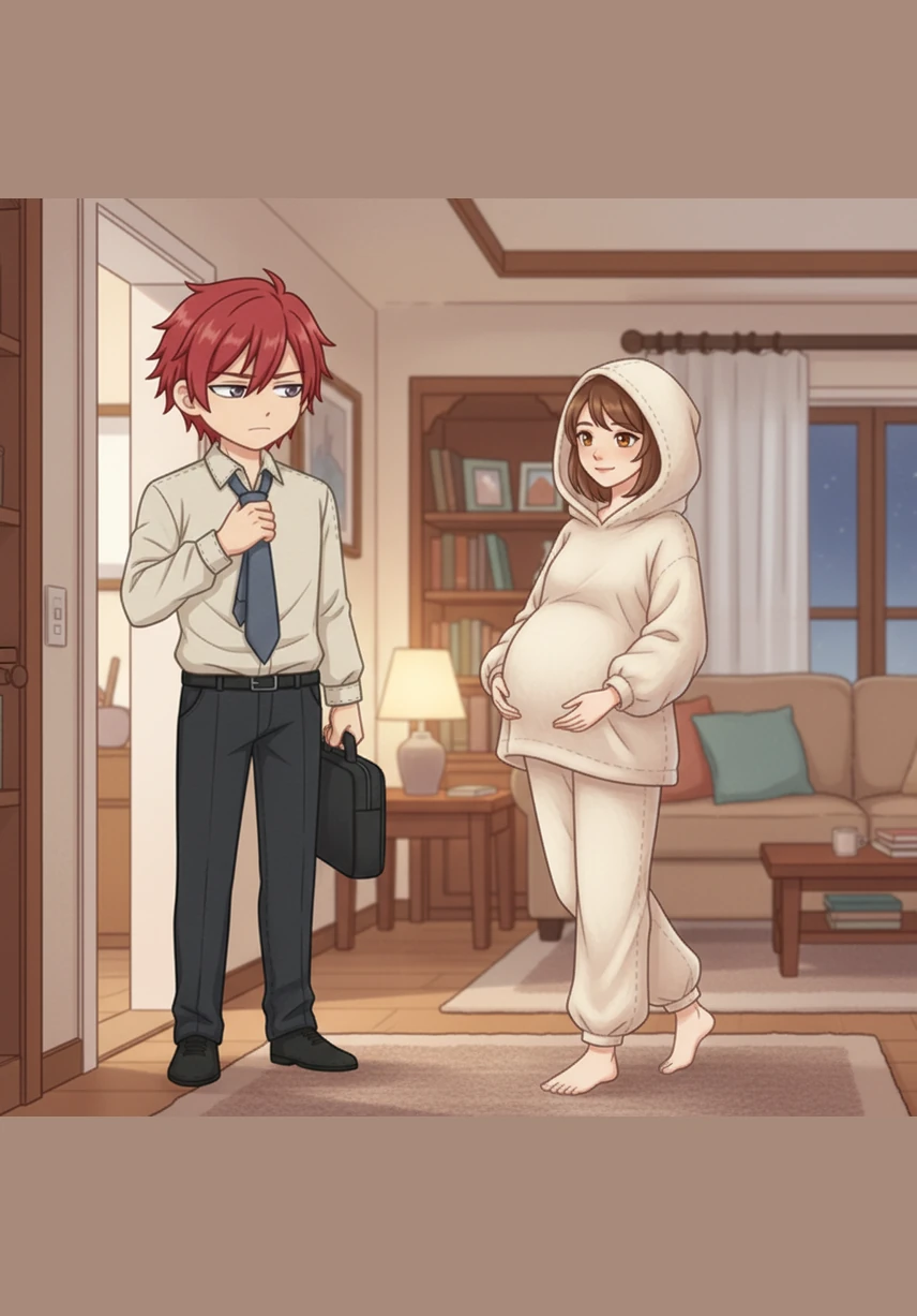 Karma melangkah masuk ke dalam rumah yang hangat, melepaskan dasinya setelah seharian mengajar di fakultas informatika. Hana menyambutnya dengan senyuman tipis namun menenangkan, perutnya yang sudah membuncit tujuh bulan terlihat jelas di balik pakaian rumahan yang nyaman.