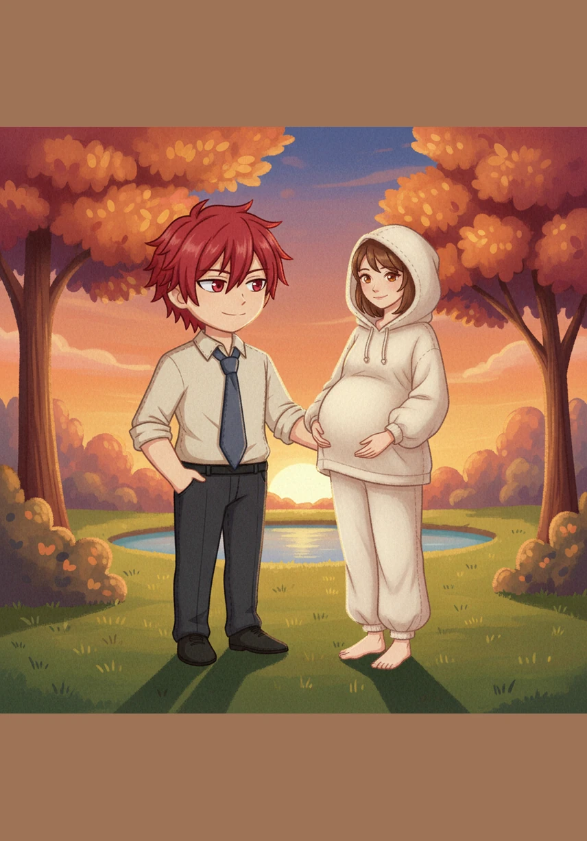 Sore itu mereka berjalan santai di taman kompleks, dengan Karma yang berjalan sangat lambat demi menyesuaikan langkah Hana yang mulai terbatas karena usia kehamilan. Karma tampak waspada menjaga Hana dari kerumunan anak-anak yang berlarian, merangkul bahu istrinya dengan sikap protektif yang posesif.