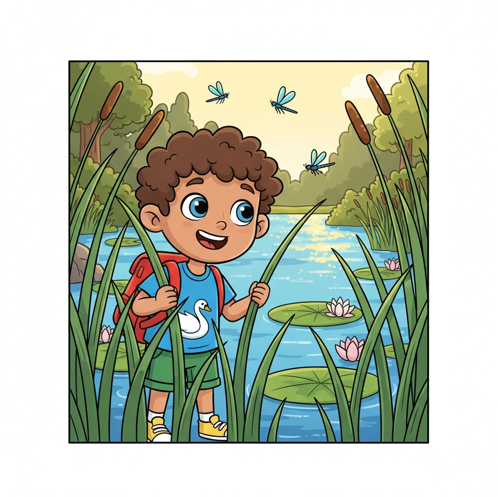Finn, a curious boy with a bright red backpack, peeks through tall reeds at a sparkling blue lake, his eyes wide with wonder. Sunlight glints off the water, revealing lily pads and dragonflies dancing in the air. He's discovered a secret, magical place, hidden away from the busy world.