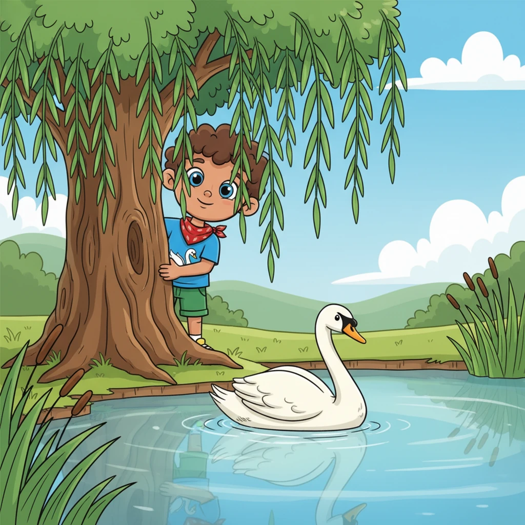 A magnificent white swan, with a long elegant neck, glides gracefully across the water, its reflection shimmering perfectly below. Finn watches from behind a willow tree, completely captivated by the swan's serene beauty and solitary presence. It looks like a living sculpture, moving with effortless grace.