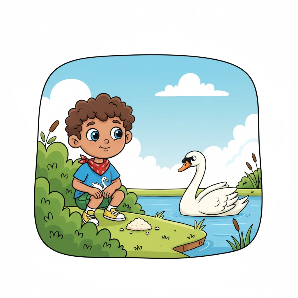 Finn carefully places a small pile of breadcrumbs on the grassy bank, then retreats behind a bush, hoping the swan will notice his offering. His face is full of hopeful anticipation, a gentle smile playing on his lips. He wants to share his snack and make a new friend, even if it's a silent one.
