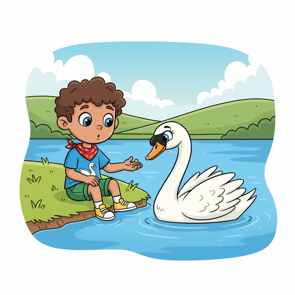 Slowly, cautiously, the swan paddles closer to the shore, its head tilted slightly, observing Finn with intelligent, curious eyes. Finn remains perfectly still, holding his breath, as the swan finally pecks at the crumbs. A tiny, unspoken bond begins to form between the boy and the majestic bird.