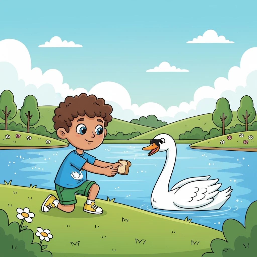 Days turn into weeks, and Finn and the swan develop a sweet routine. Every afternoon, Finn arrives with a small treat, and the swan greets him with a soft honk, swimming right up to the bank. They share quiet moments, enjoying each other's peaceful company by the shimmering lake, a silent understanding growing between them.