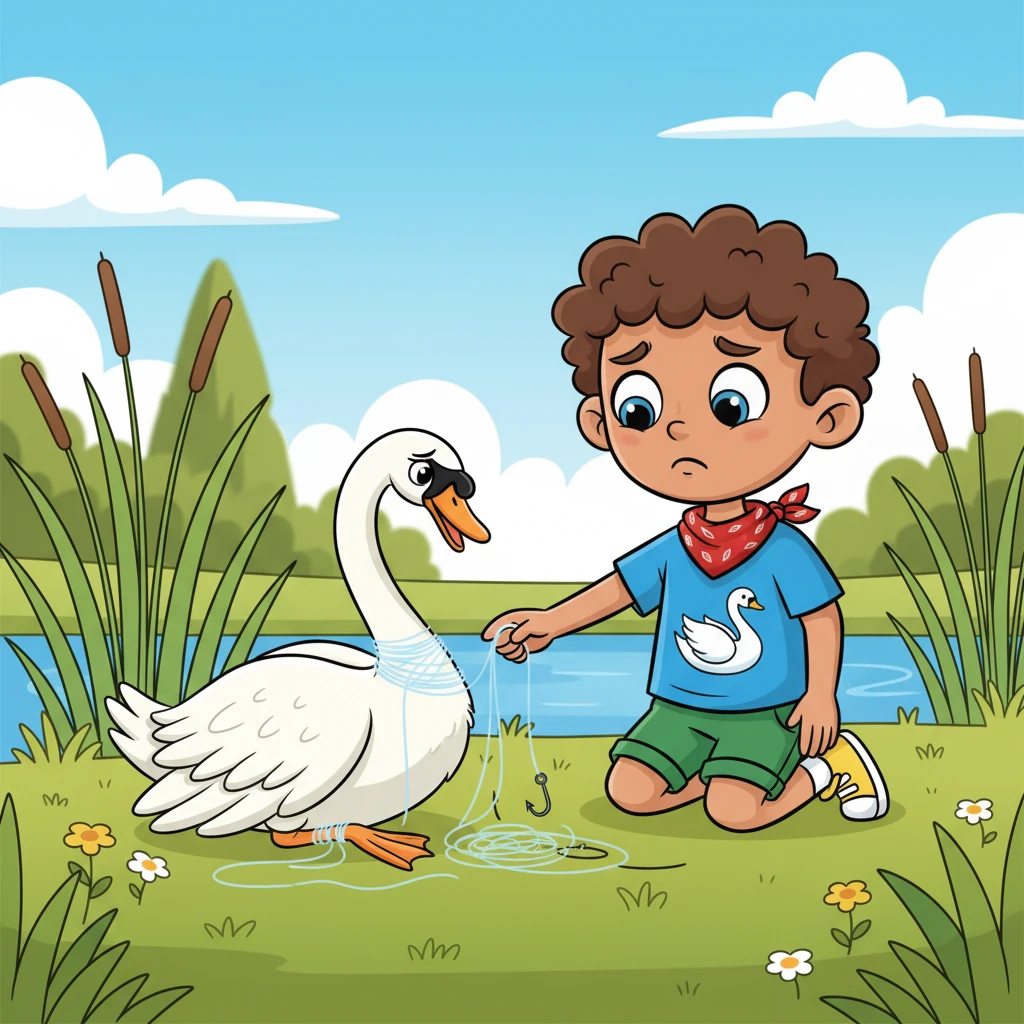 One sunny morning, Finn finds the swan huddled near the reeds, its beautiful wing slightly drooping and its usual graceful posture gone. A worried frown creases Finn's brow as he notices a tangled fishing line caught around its leg. The swan looks distressed and unable to move freely, its usual elegance replaced by discomfort.