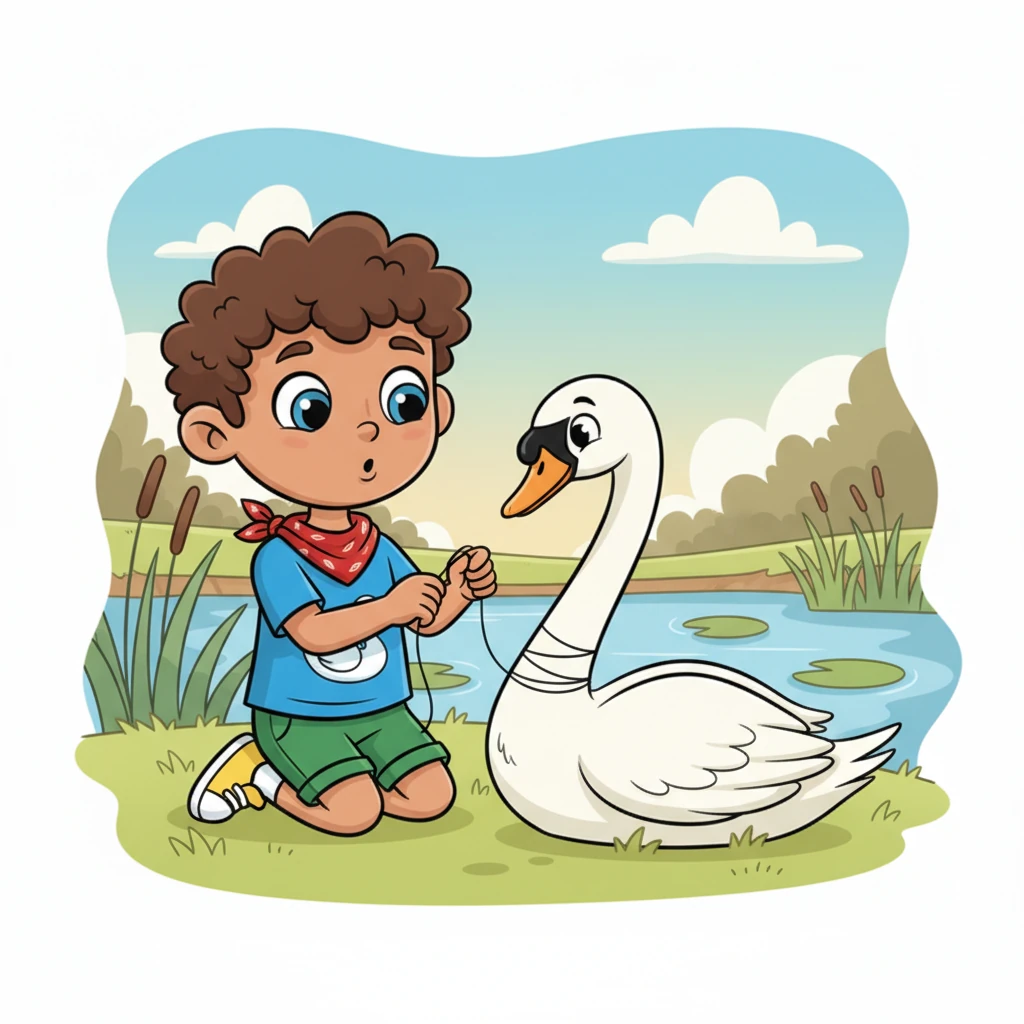 With great care and a gentle heart, Finn slowly approaches the swan, speaking in soft, comforting whispers to reassure his friend. He carefully untangles the fishing line, his small hands working delicately and patiently. The swan trusts him completely, remaining still, sensing Finn's kind intentions to help.