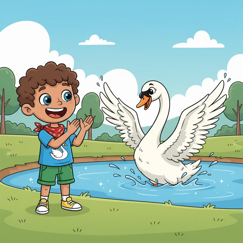Once free, the swan stretches its long neck and wings, then performs an exquisite, joyful dance on the water, flapping its wings and twirling gracefully. Finn claps his hands with delight, a wide grin spreading across his face, thrilled to see his friend happy and healthy again. The swan's gratitude shines in its bright eyes.