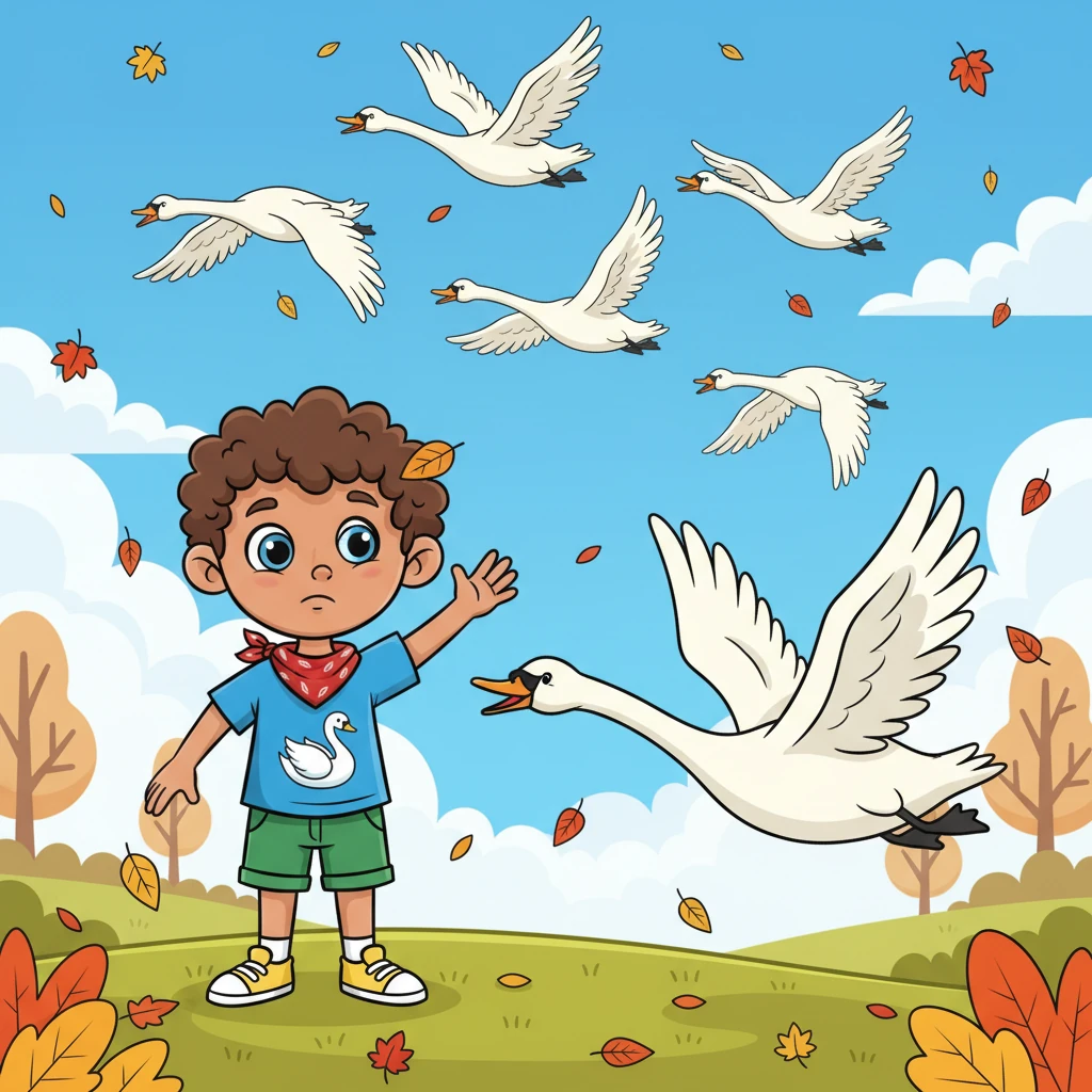 As autumn leaves begin to fall, a flock of swans appears, calling to Finn's friend from the sky. With a final, affectionate honk and a graceful bow of its head towards Finn, the swan takes flight, joining its family in the vast blue sky. Finn waves goodbye, his heart a mix of sadness and joy, knowing his friend will return next spring, and their bond will last forever.