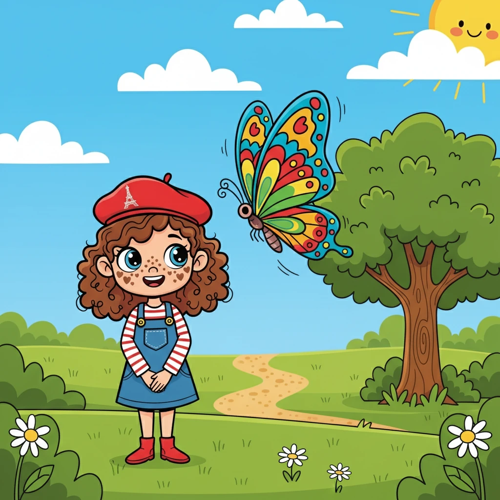 Un jour, Léa était au parc et a vu un papillon avec des ailes aux couleurs éclatantes. Le papillon volait librement, fier de ses motifs uniques.