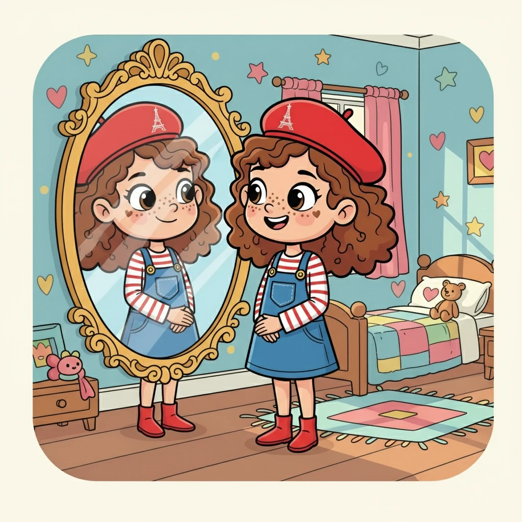 Léa, pleine de confiance, a souri à son reflet. Elle aimait ses couleurs, ses taches, et tout ce qui faisait d'elle une personne spéciale et aimée.